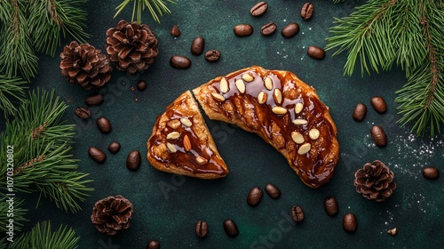 Bear claw with almond slivers and rich glaze on a dark green background, with coffee beans and scattered pine branches photo