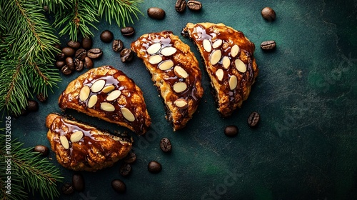 Bear claw with almond slivers and rich glaze on a dark green background, with coffee beans and scattered pine branches photo