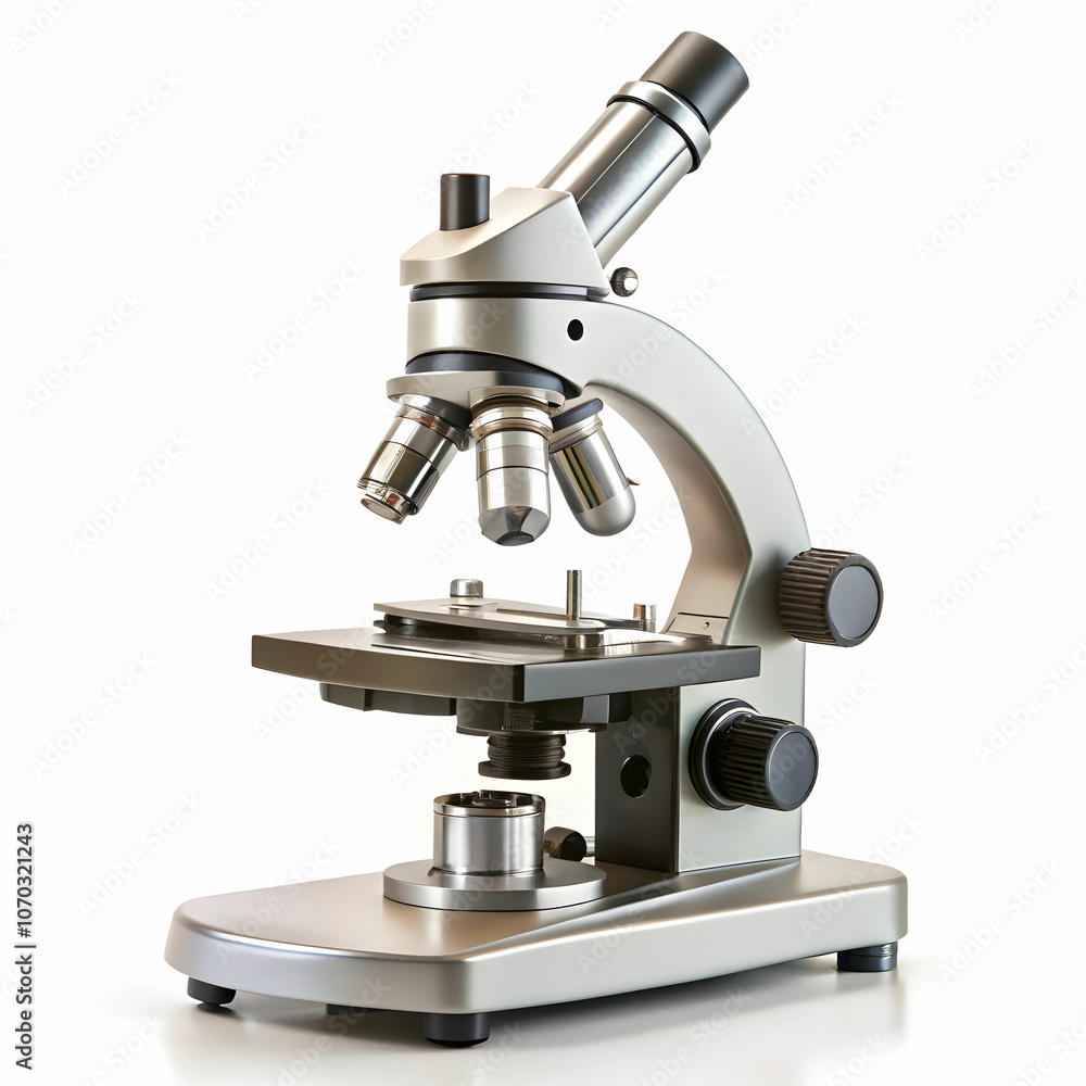 A sleek, modern microscope standing upright, A sleek, modern microscope standing upright,