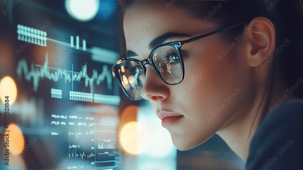 Tired businesswoman with financial reports and charts in the background. Irregular working hours, night work Tired businesswoman with financial reports and charts in the background. Irregular working hours, night work
