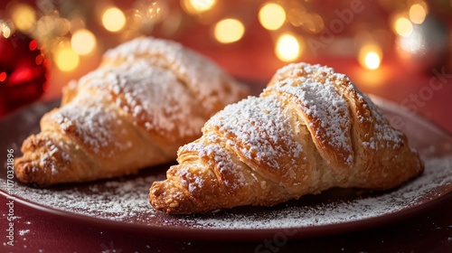 Crispy bear claw with almond filling and powdered sugar on a dark red background, with delicate holiday-themed lights photo