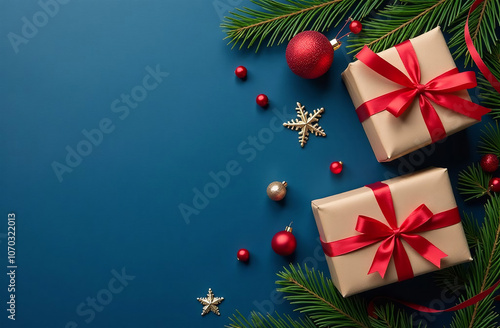 Christmas background with fir tree branches, gift boxes and Christmas decorations on blue background