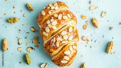 Flaky bear claw pastry topped with toasted almonds on a pale blue background, surrounded by a few cardamom pods photo