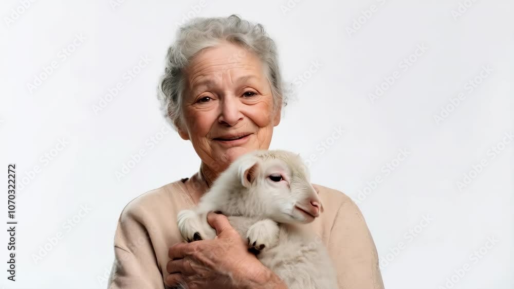 Old senior woman embracing baby lamb on white background Old senior woman embracing baby lamb on white background