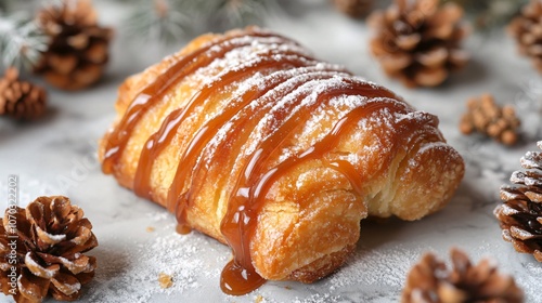 Flaky bear claw with a dusting of sugar and caramel drizzle on a gray marble background, with miniature pinecones photo