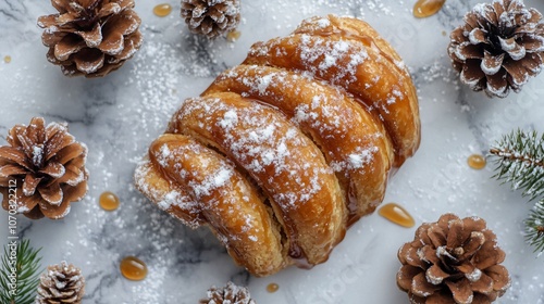 Flaky bear claw with a dusting of sugar and caramel drizzle on a gray marble background, with miniature pinecones photo