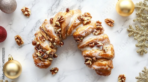 Flaky bear claw with sugar glaze and toasted nuts on a marble background, with small holiday ornaments around photo