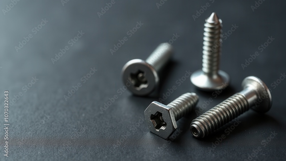 Screws and bolts for furniture repair. Four metal screws, one lying flat, rest on a textured dark surface. The sharp focus highlights their shiny metallic finish. Screws and bolts for furniture repair. Four metal screws, one lying flat, rest on a textured dark surface. The sharp focus highlights their shiny metallic finish.