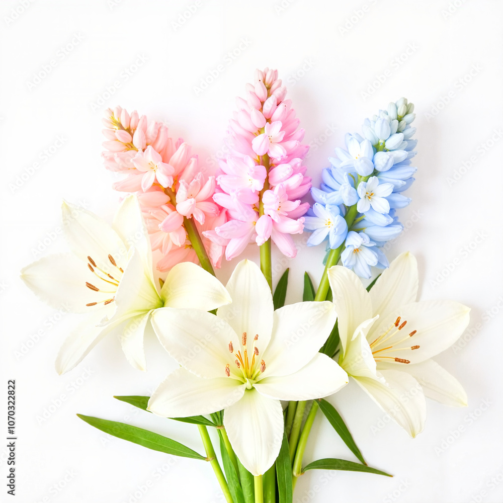 spring flowers white, purple and pink close-up on white background for postcard, Al Generation spring flowers white, purple and pink close-up on white background for postcard, Al Generation