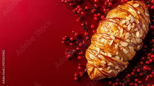 Golden bear claw pastry with almond flakes and caramel drizzle on a deep red background, with holiday berries photo