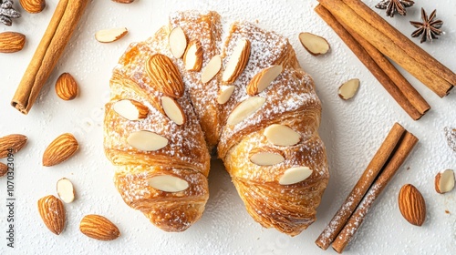 Golden bear claw pastry with almond slices and a light glaze on a soft white background, surrounded by cinnamon sticks and powdered sugar photo