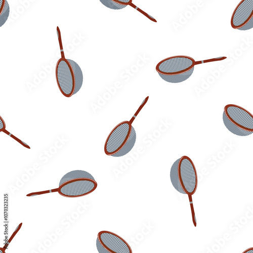 Seamless pattern featuring multiple tea strainers with brown handles, arranged on a clean white backdrop