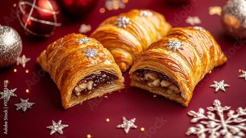 Golden bear claw with flaky layers and a sweet filling on a dark red background, with decorative silver stars and ornaments photo