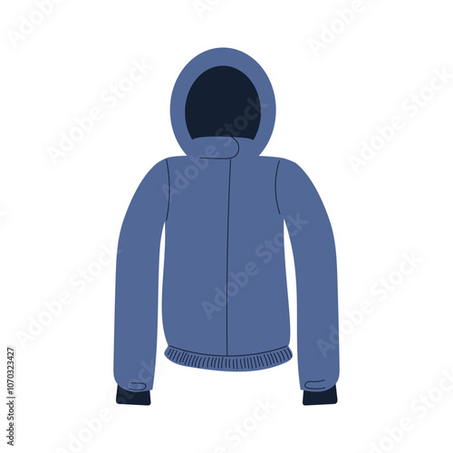 Winter sports jacket with hood as a part of suit. Hand drawn vector illustration in flat style. Ski winter mountain suit part in blue color for cold weather. Waterproof and windproof jacket