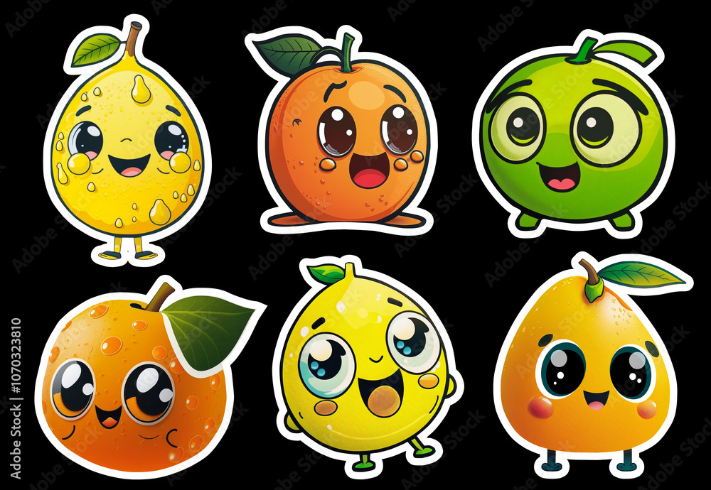 Set of the Fruit and Citrus Stickers. Fun Characters Collection lemon, orange, tangerine, pear, apple. Set of the Fruit and Citrus Stickers. Fun Characters Collection lemon, orange, tangerine, pear, apple.