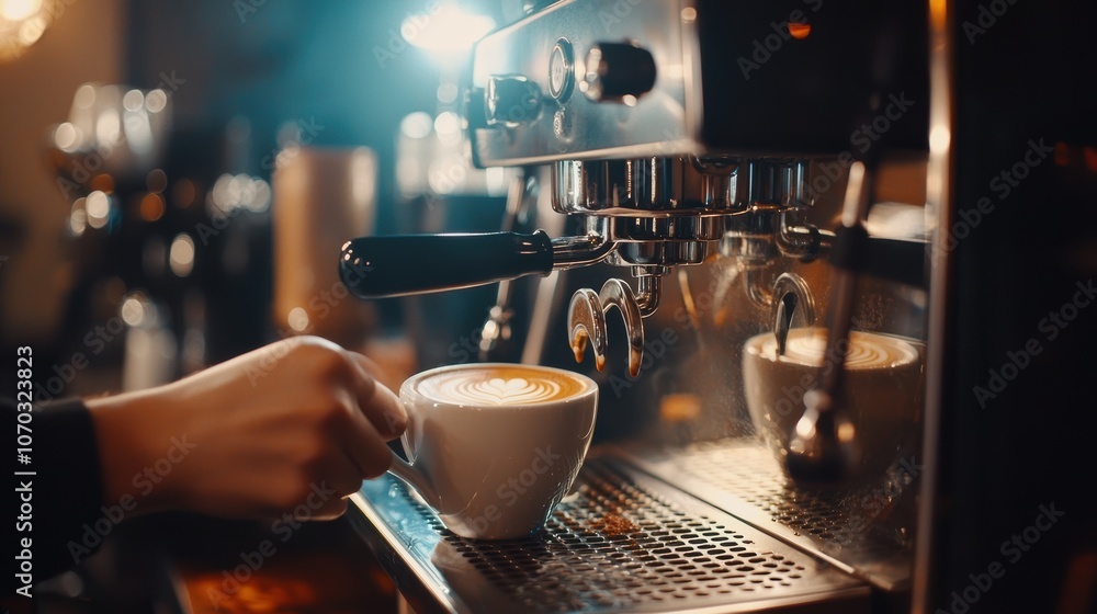 Barista skillfully prepares a perfect cup of coffee with a modern espresso machine Barista skillfully prepares a perfect cup of coffee with a modern espresso machine
