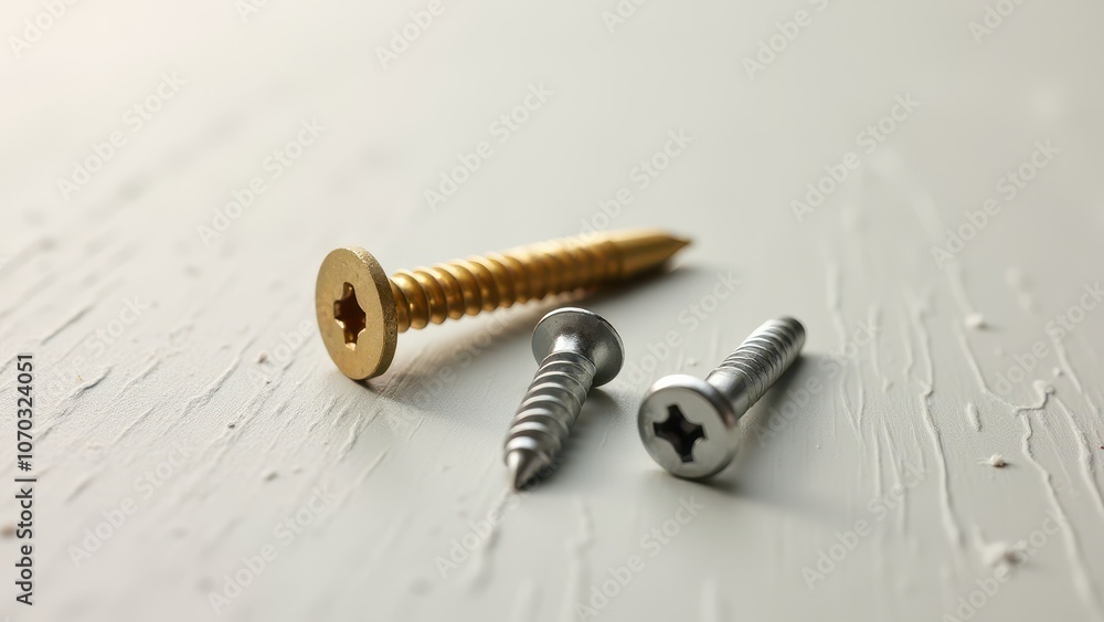 Fototapeta premium Screws and bolts for furniture repair. Three varied screws lie on a textured white surface, showcasing different colors and threads, highlighting hardware diversity.
