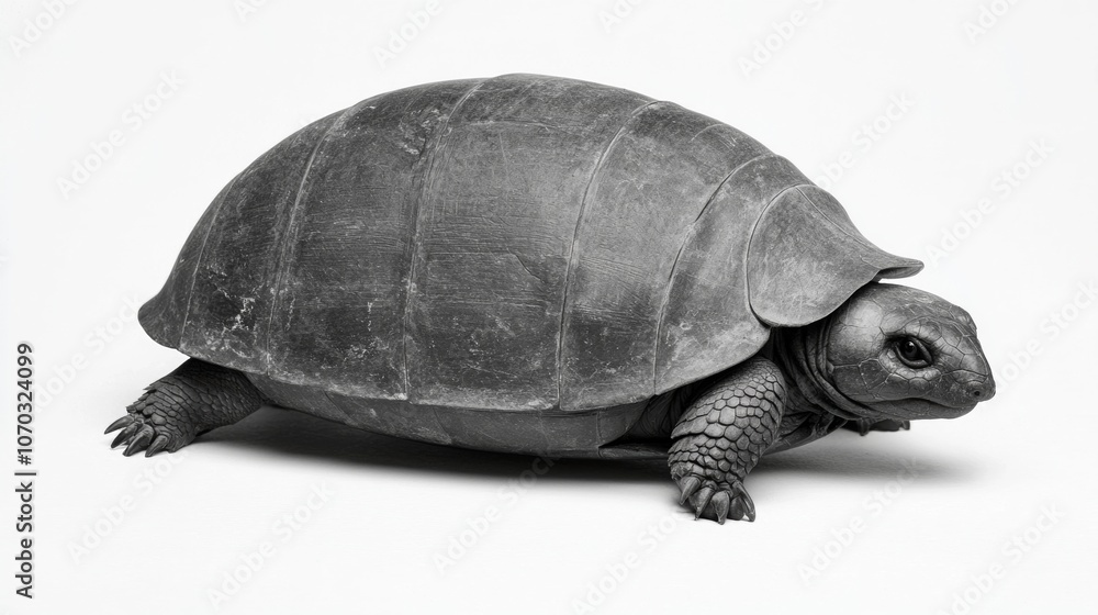 A black and white photo of a turtle walking on a white background. A black and white photo of a turtle walking on a white background.