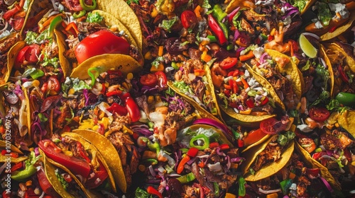 A pile of food with many different ingredients, including lettuce, tomatoes