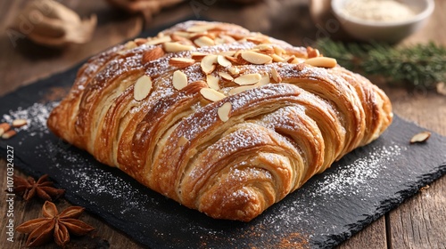 Large bear claw with layers of buttery dough and almond slivers on a black slate background, with powdered sugar and spices photo