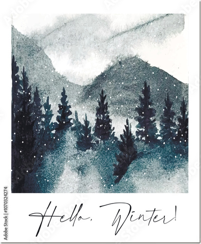 Freehand watercolor winter background, snow, forest blue trees. Hand drawn snowy winters watercolour illustration. Vector. Scandinavian landscape card.