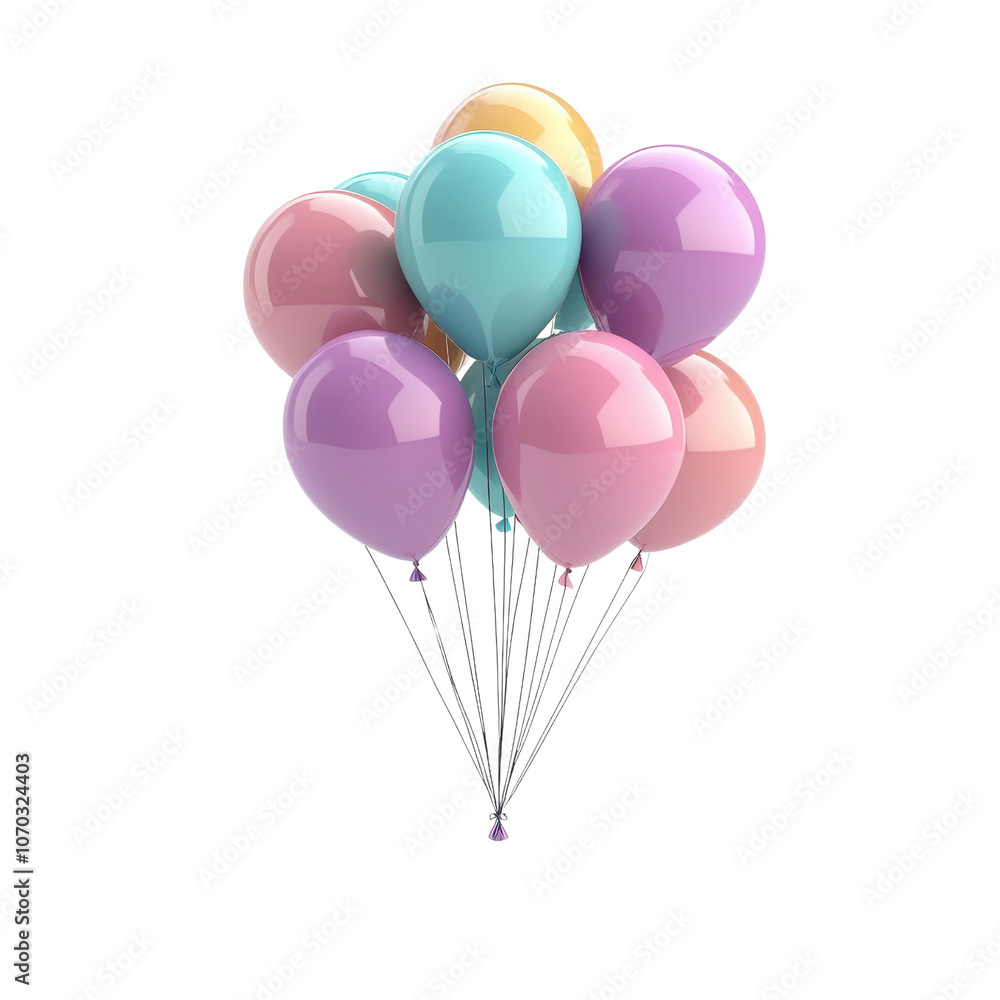 A cluster of colorful balloons in various pastel shades, tied together with strings, suggesting celebration and joy., isolated on a transparent background. A cluster of colorful balloons in various pastel shades, tied together with strings, suggesting celebration and joy., isolated on a transparent background.
