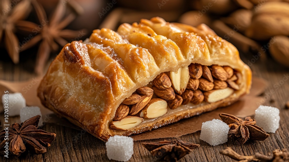 Fototapeta premium Warm bear claw filled with almond paste on a natural wood background, with small clusters of sugar cubes and cinnamon