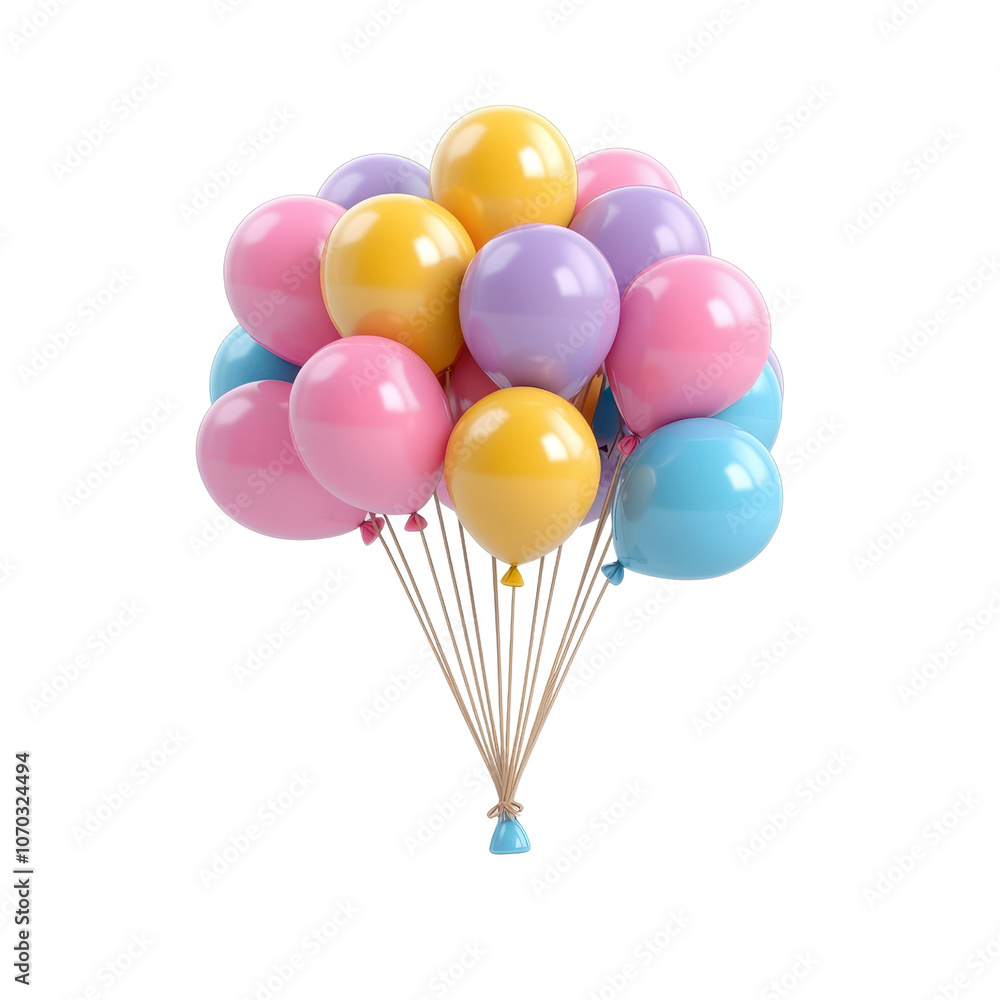A colorful cluster of balloons featuring shades of pink, yellow, lavender, and blue, tied together with strings., isolated on a transparent background. A colorful cluster of balloons featuring shades of pink, yellow, lavender, and blue, tied together with strings., isolated on a transparent background.