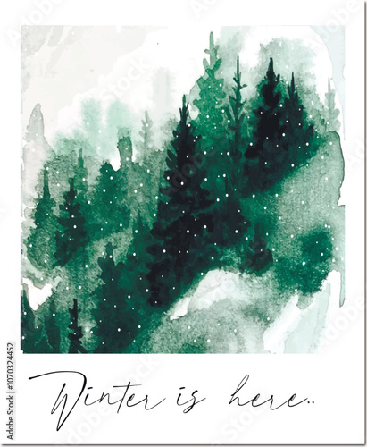 Freehand watercolor winter background, snow, forest green trees. Hand drawn snowy winters watercolour illustration. Vector. Scandinavian landscape card.