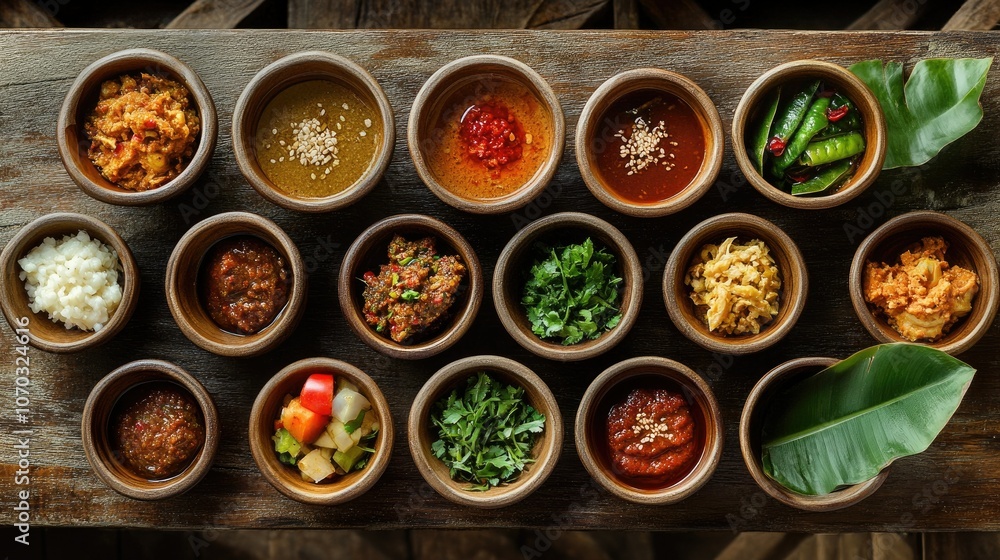 Variety of Malaysian dipping sauces in small bowls, artistically placed on a rustic table, showcasing local tastes. Variety of Malaysian dipping sauces in small bowls, artistically placed on a rustic table, showcasing local tastes.