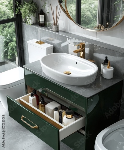 A green bathroom sink with a gold faucet