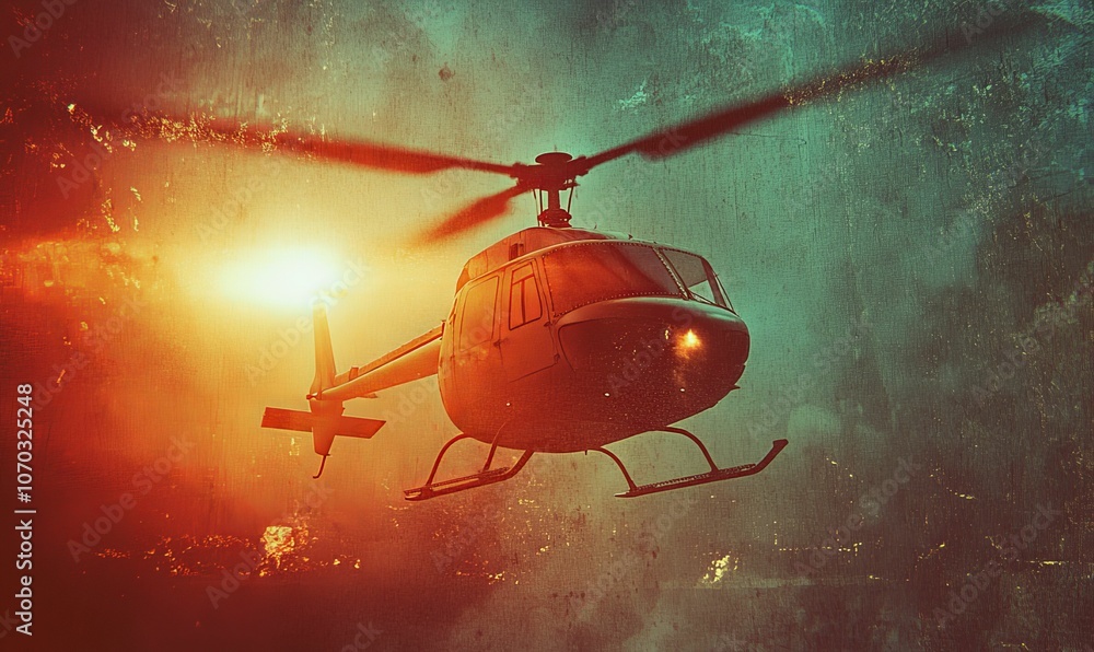 Silhouetted helicopter flying in a sunset. Silhouetted helicopter flying in a sunset.