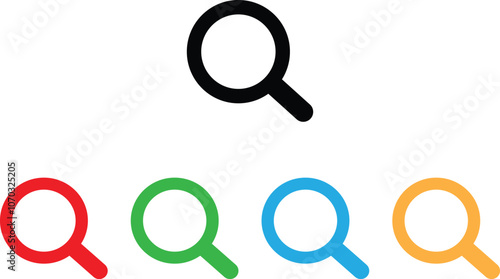 Colorful search icon set in five colors isolated on white background . Magnifying glass icon . Vector illustration