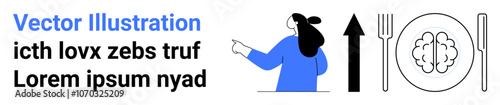 Woman in blue pointing to the right. Arrow, dummy text, and brain on a plate with fork and knife. Ideal for education, health, technology, communication, marketing, presentations, infographics