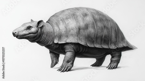 A detailed pencil drawing of an extinct mammal with a shell, the glyptodon. photo