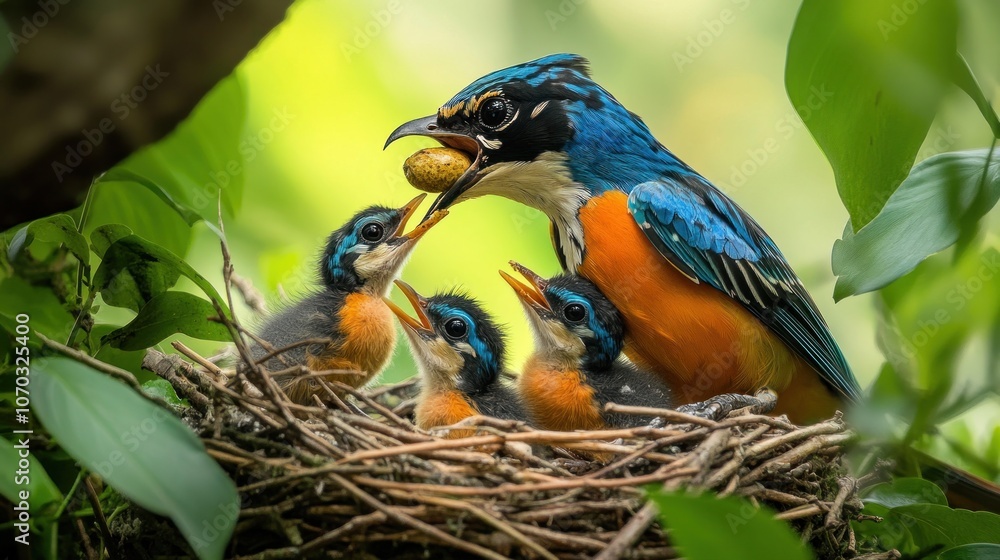 A vibrant bird feeding its chicks in a nest surrounded by lush greenery. A vibrant bird feeding its chicks in a nest surrounded by lush greenery.
