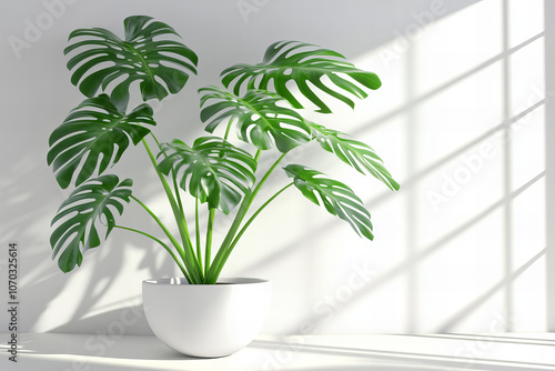 Lush Monstera Plant in Natural Sunlight, Minimalist Indoor Decor for Modern Living Spaces with Shadow Play on Neutral Backgrounds – Perfect for Home Styling, Indoor Gardening, Biophilic Design