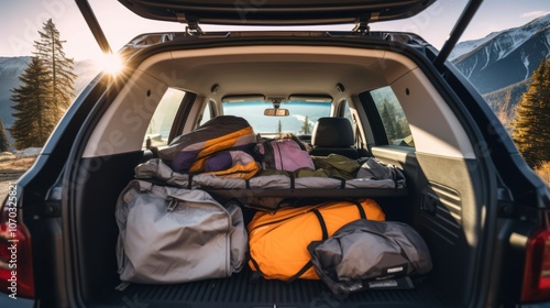 Wallpaper Mural The back of a car filled with neatly organized sleeping bags and gear against a mountain backdrop, sparking ideas of adventure and readiness. Torontodigital.ca