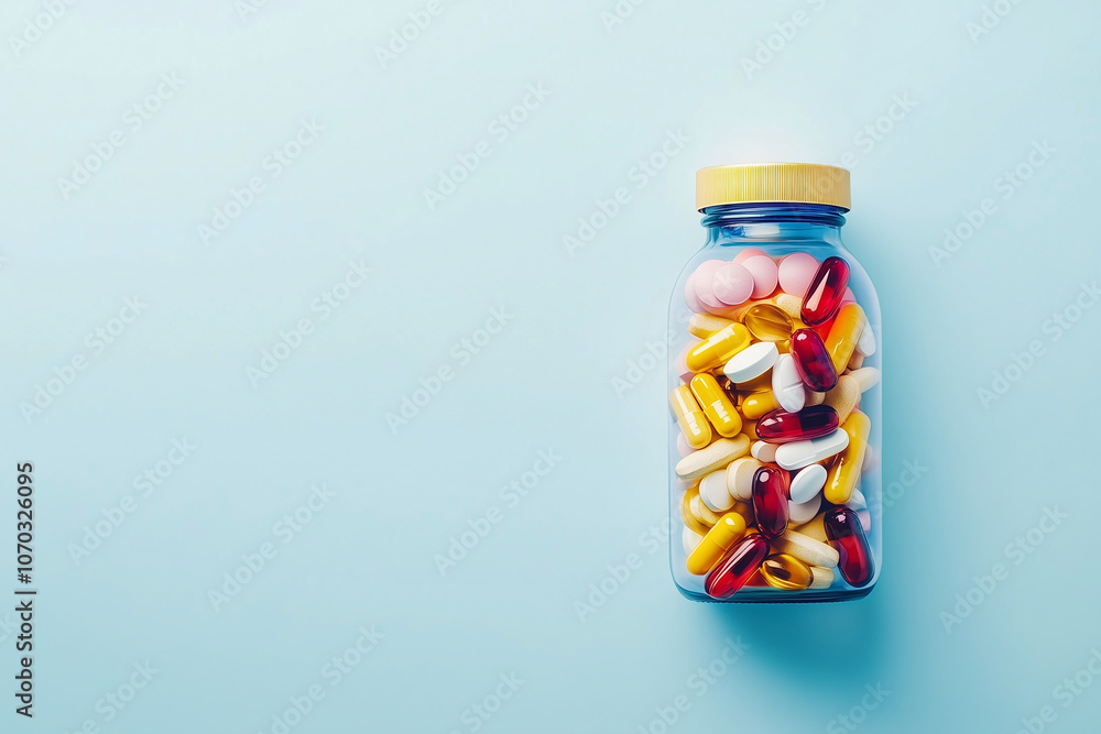 A variety of colorful pills and capsules spill out of a white bottle onto a bright blue surface A variety of colorful pills and capsules spill out of a white bottle onto a bright blue surface