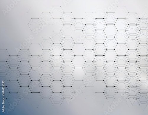 Abstract network of connected hexagonal patterns on white-blue gradient background