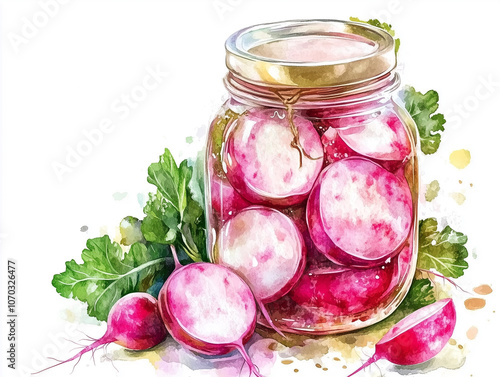 Sliced radishes submerged in brine inside glass jar photo