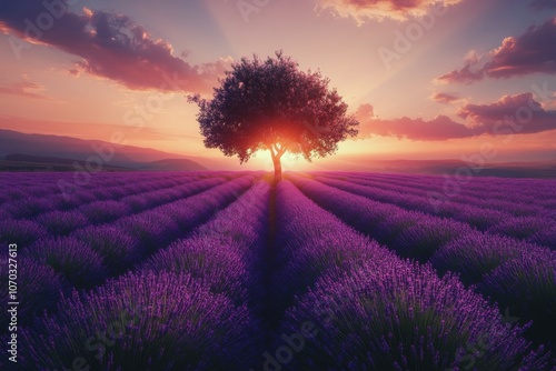 Lavender fields at sunset with a solitary tree illuminating the horizon in vibrant colors photo