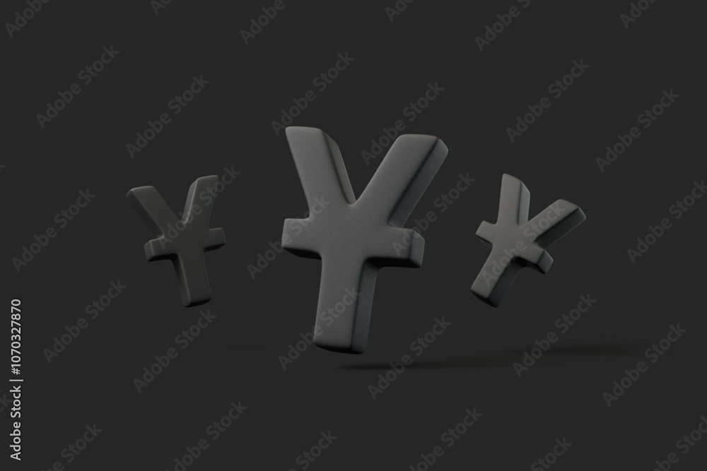 Fototapeta premium Multiple black Yen currency symbols floating against a dark background, symbolizing Japanese finance, economy, and global trade. 3D render illustration