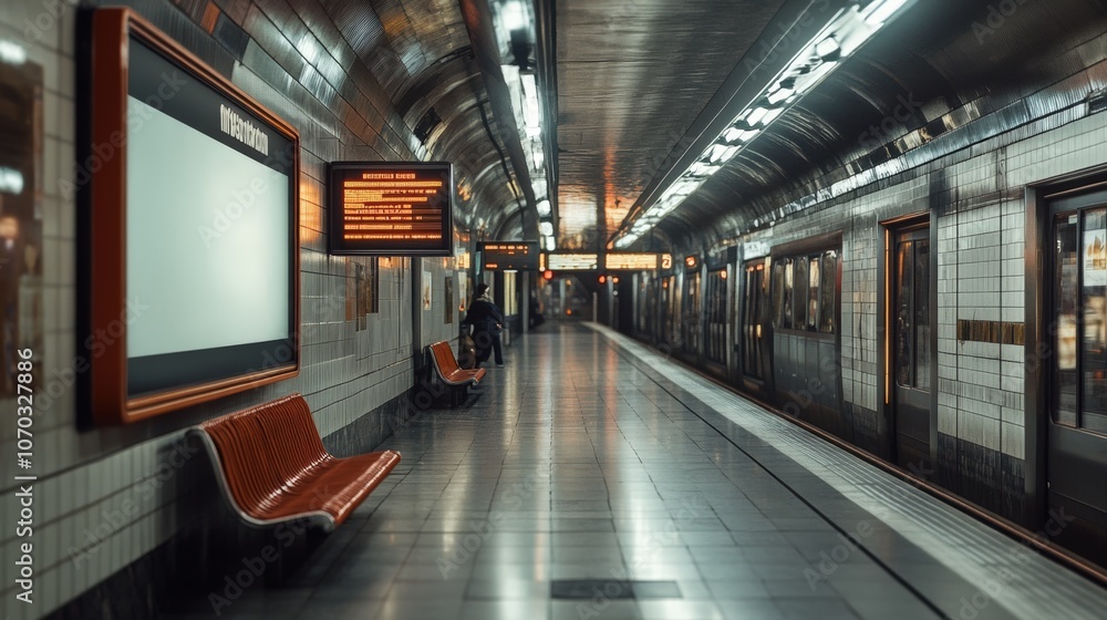 Fototapeta premium Empty subway station at night with illuminated signs and benches, showcasing urban travel and public transport infrastructure.
