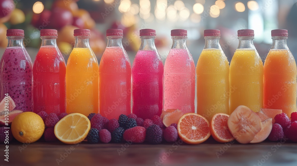 An array of colorful fruits and juice bottles line up invitingly, showcasing a vibrant and fresh celebration of flavors and health. An array of colorful fruits and juice bottles line up invitingly, showcasing a vibrant and fresh celebration of flavors and health.