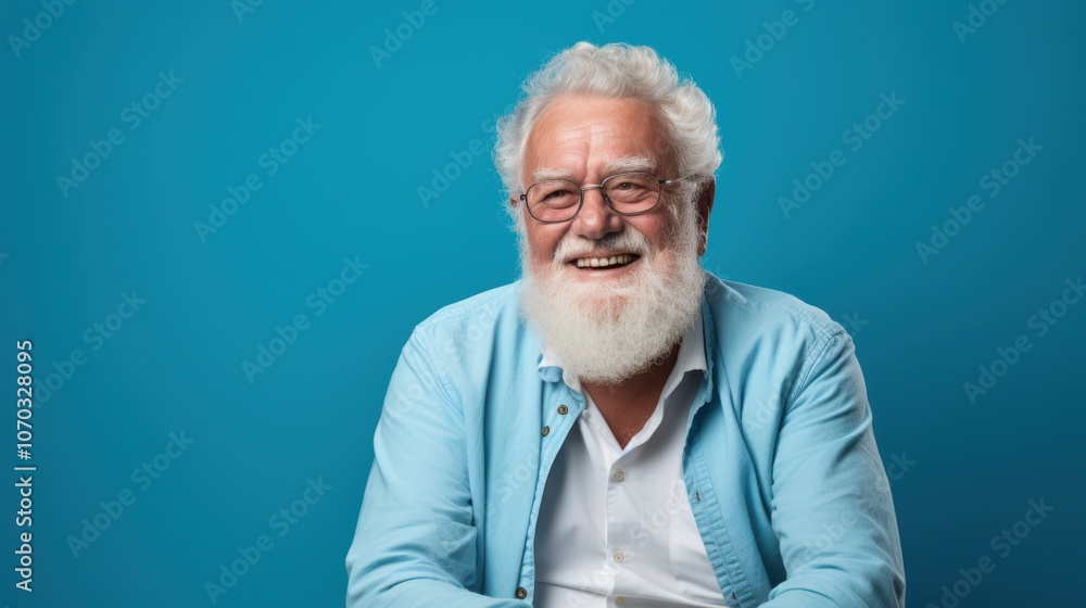A cheerful elderly man with a white beard beams against a vibrant blue backdrop, exuding warmth, wisdom, and joy. A cheerful elderly man with a white beard beams against a vibrant blue backdrop, exuding warmth, wisdom, and joy.