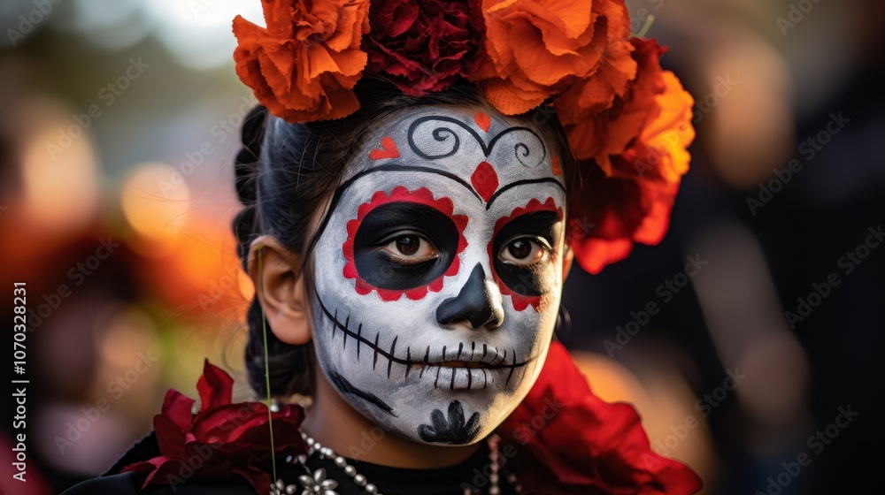 A young person adorned with vibrant Día de los Muertos makeup, surrounded by bright flowers, creating a festive and cultural celebration atmosphere. A young person adorned with vibrant Día de los Muertos makeup, surrounded by bright flowers, creating a festive and cultural celebration atmosphere.