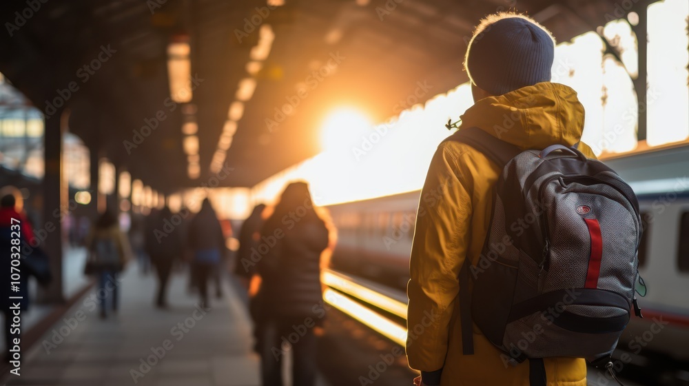 A young traveler with a backpack glances back as they walk along a sunlit train platform, symbolizing the start of an adventure. A young traveler with a backpack glances back as they walk along a sunlit train platform, symbolizing the start of an adventure.