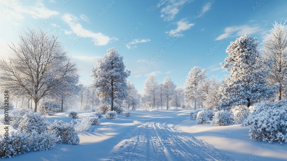 Fototapeta premium A snowy landscape with trees and a road