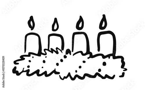Advent wreath with four candles. Simple hand drawn illustration of Christmas Decoration. German Christmas tradition. Celebrating the advent season.